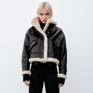 NWT ZARA faux leather fleece collar moto jacket